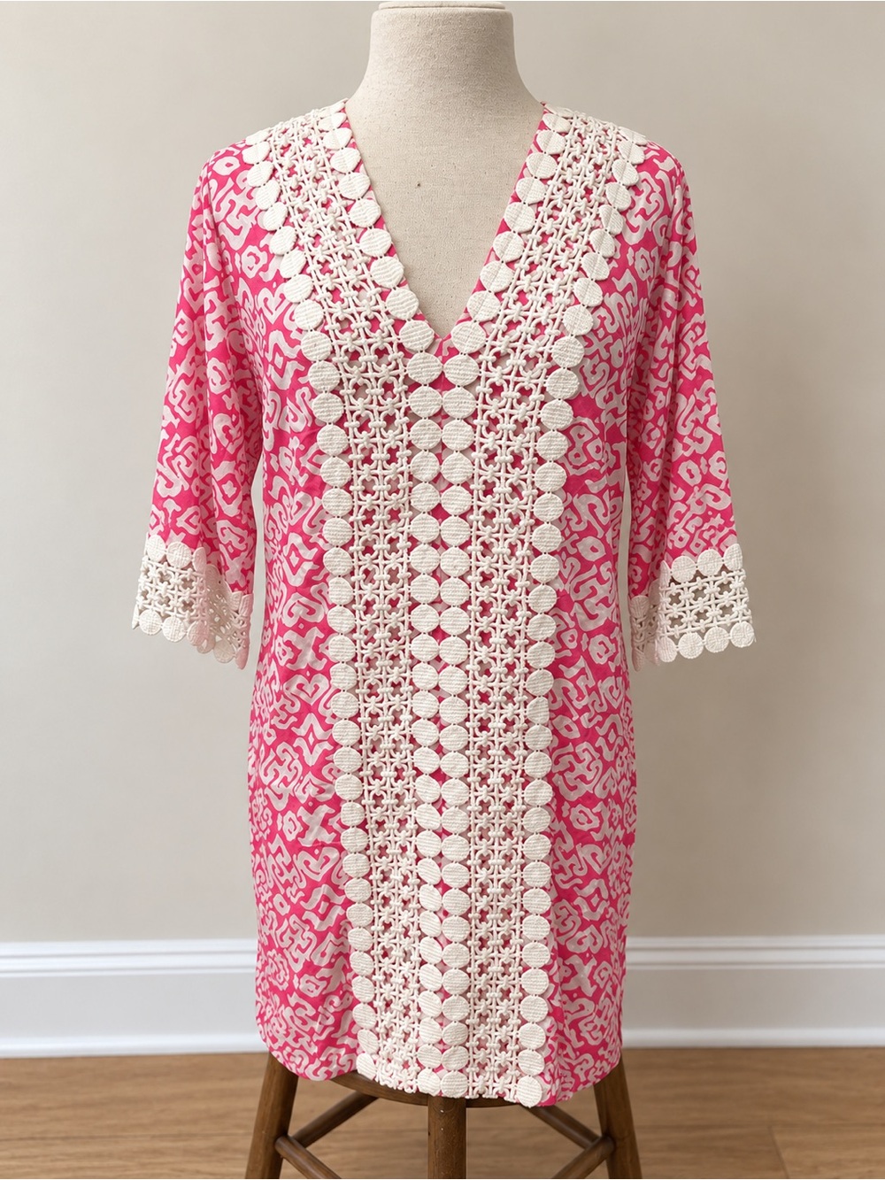 Pink Crochet-Trim V-Neck Midi Dress